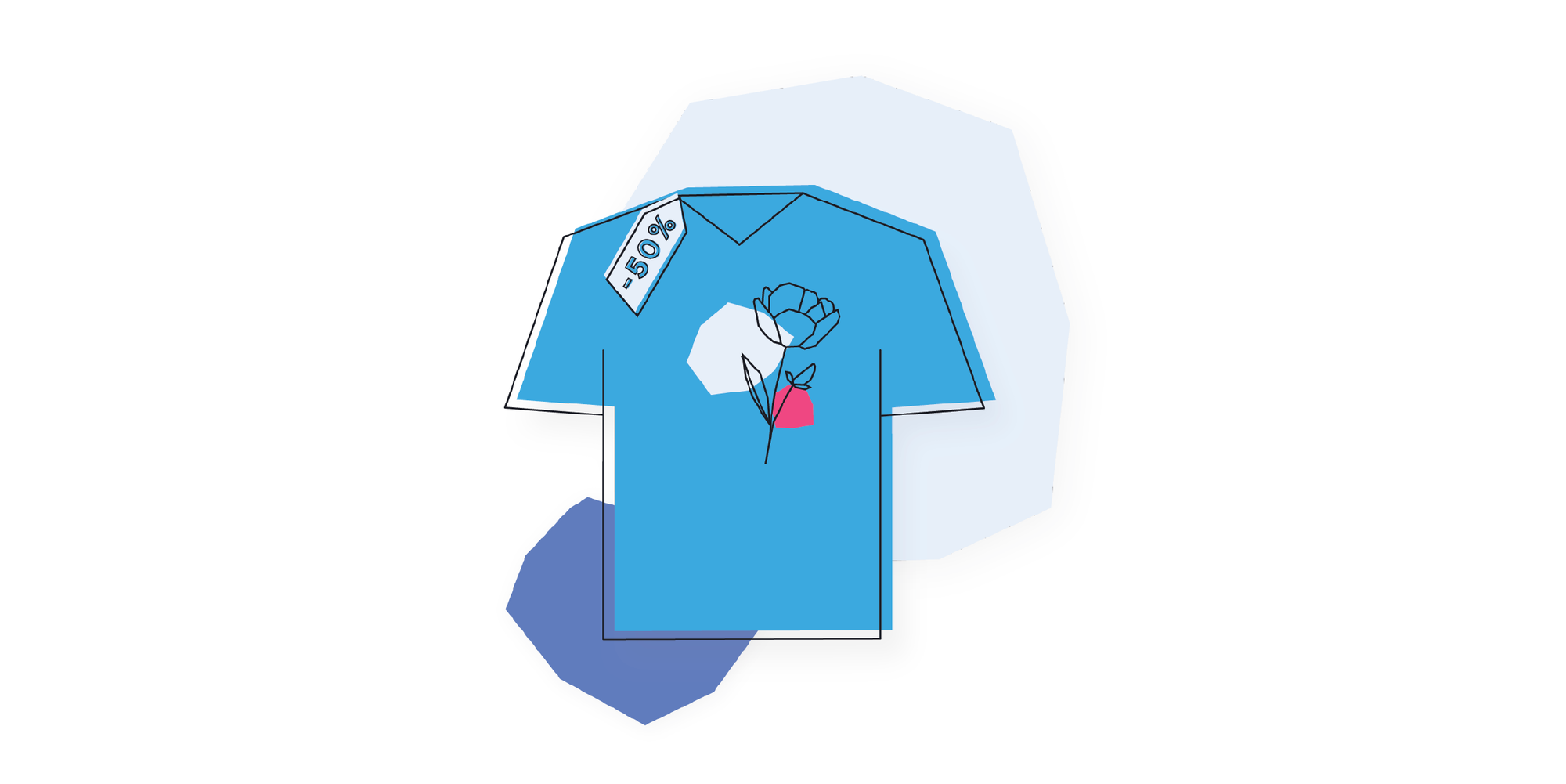 Illustration of a blue t-shirt with a floral pattern and a 50% discount on the tag.