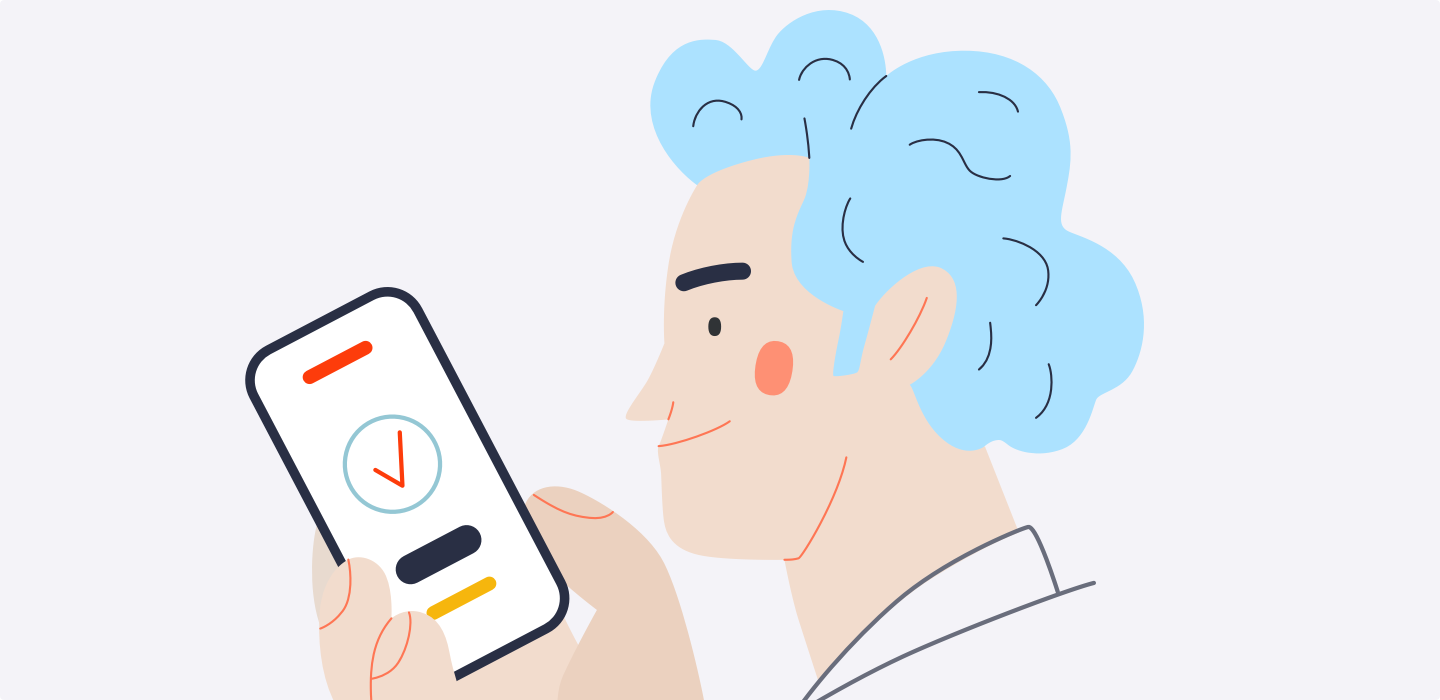 Illustration of a person holding a smartphone with a clock icon on the screen, symbolizing the accessibility of technology for the elderly or physically handicapped individuals.