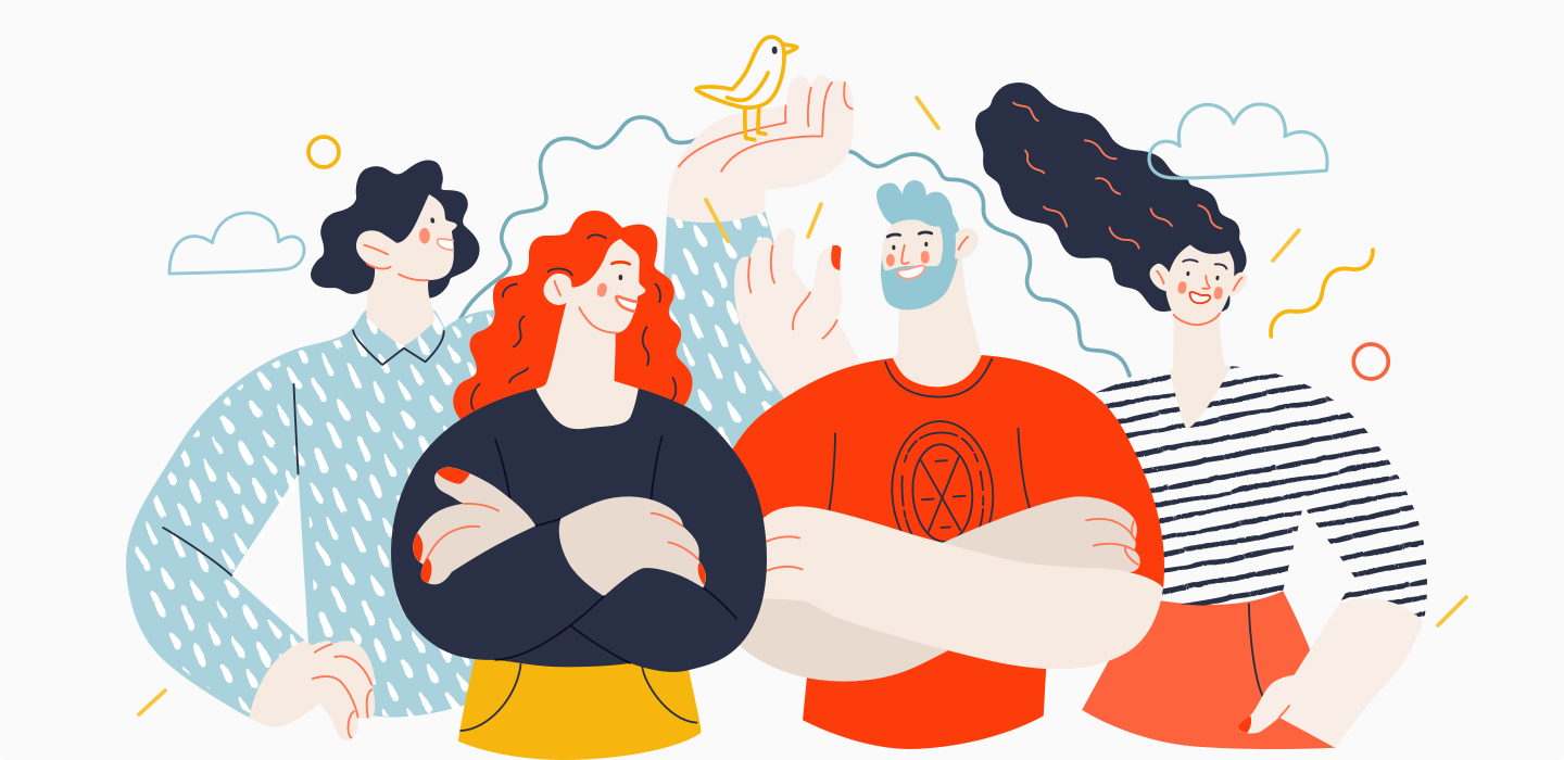 Illustration of four people standing together, one of whom is holding a yellow bird on their hand. They are all smiling and dressed in colorful clothing. The background is white with blue clouds and orange elements.