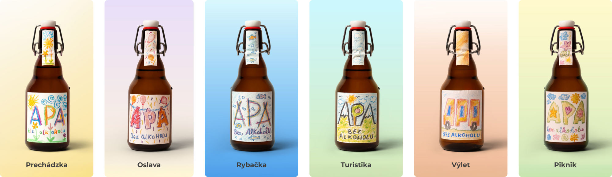 Six bottles of non-alcoholic APA with children's labels: Summer, Celebration, Fishing, Trip, Car, and Flowers