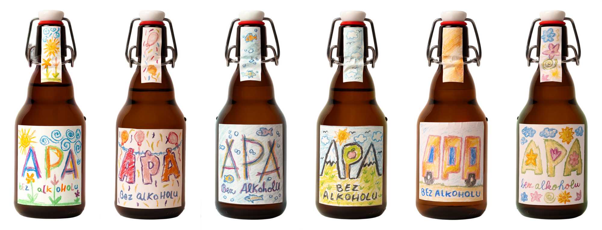 Six bottles of alcohol-free APA with labels drawn by children