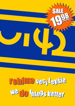 Advertising poster with the text 'we do things better' and 'we do things better' in a yellow-blue color scheme with a large inscription 'SALE 1998'.