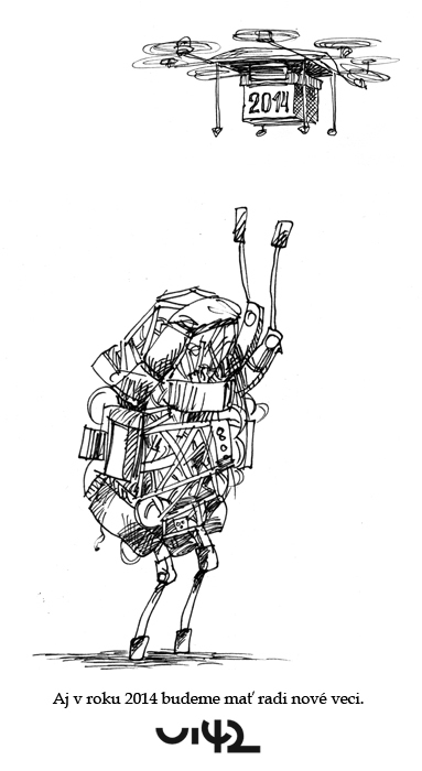 Illustration of a robot holding a package and a drone with the inscription 2014.
