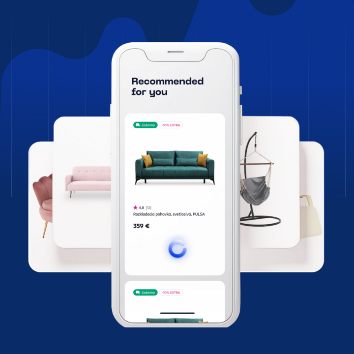 Sample mobile application on a smartphone with the "Recommended for you" section, displaying furniture (sofas and armchairs) with prices and ratings on a dark blue background.