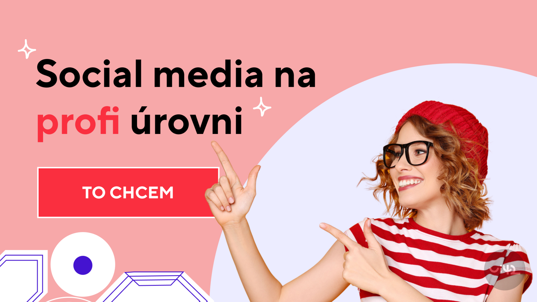 Smiling woman with glasses and a red hat pointing at the text 'Social media at a professional level'.