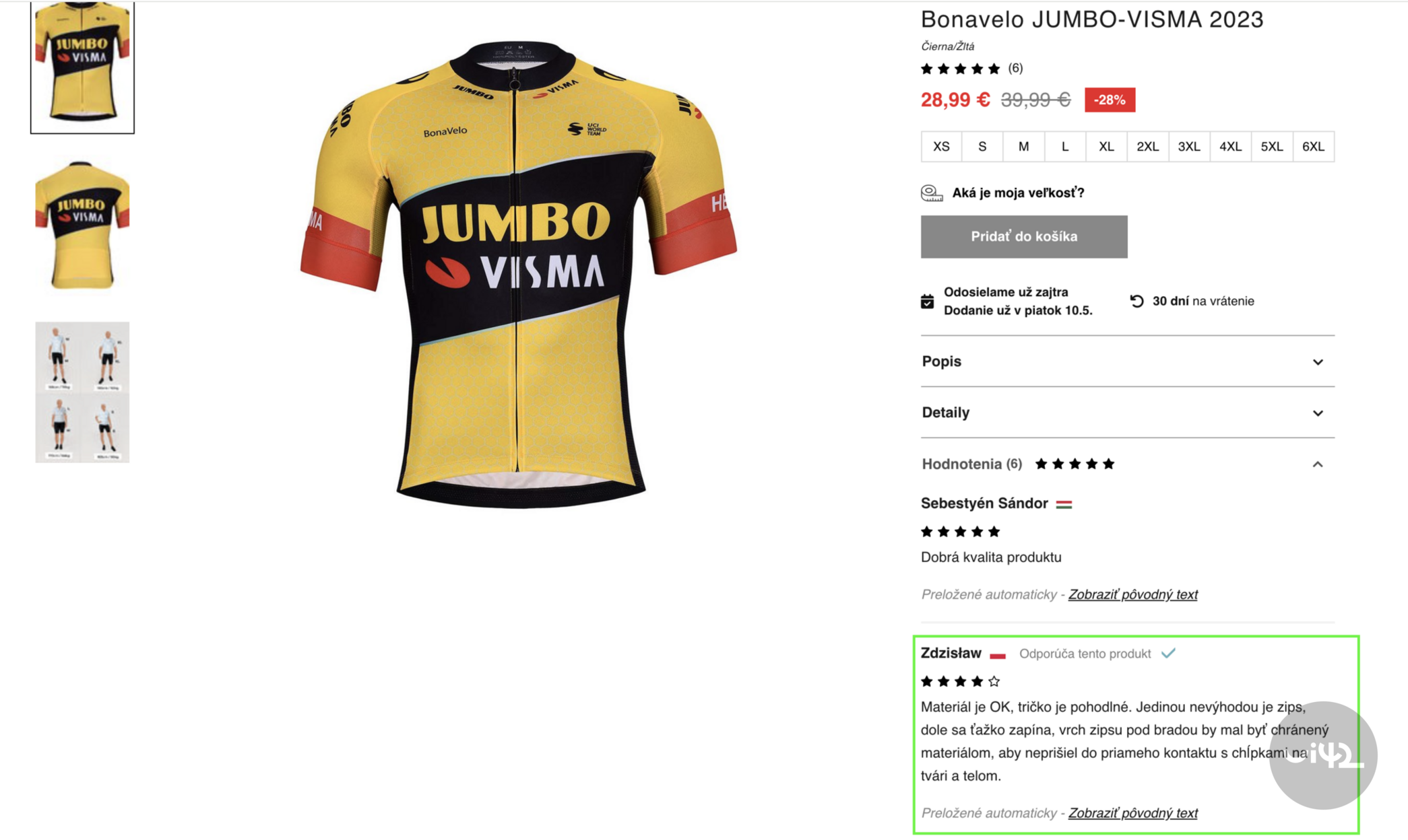 Bonavelo JUMBO-VISMA 2023 cycling jersey in yellow-black color with red sleeves and logos, shown from the front and back on the review page.