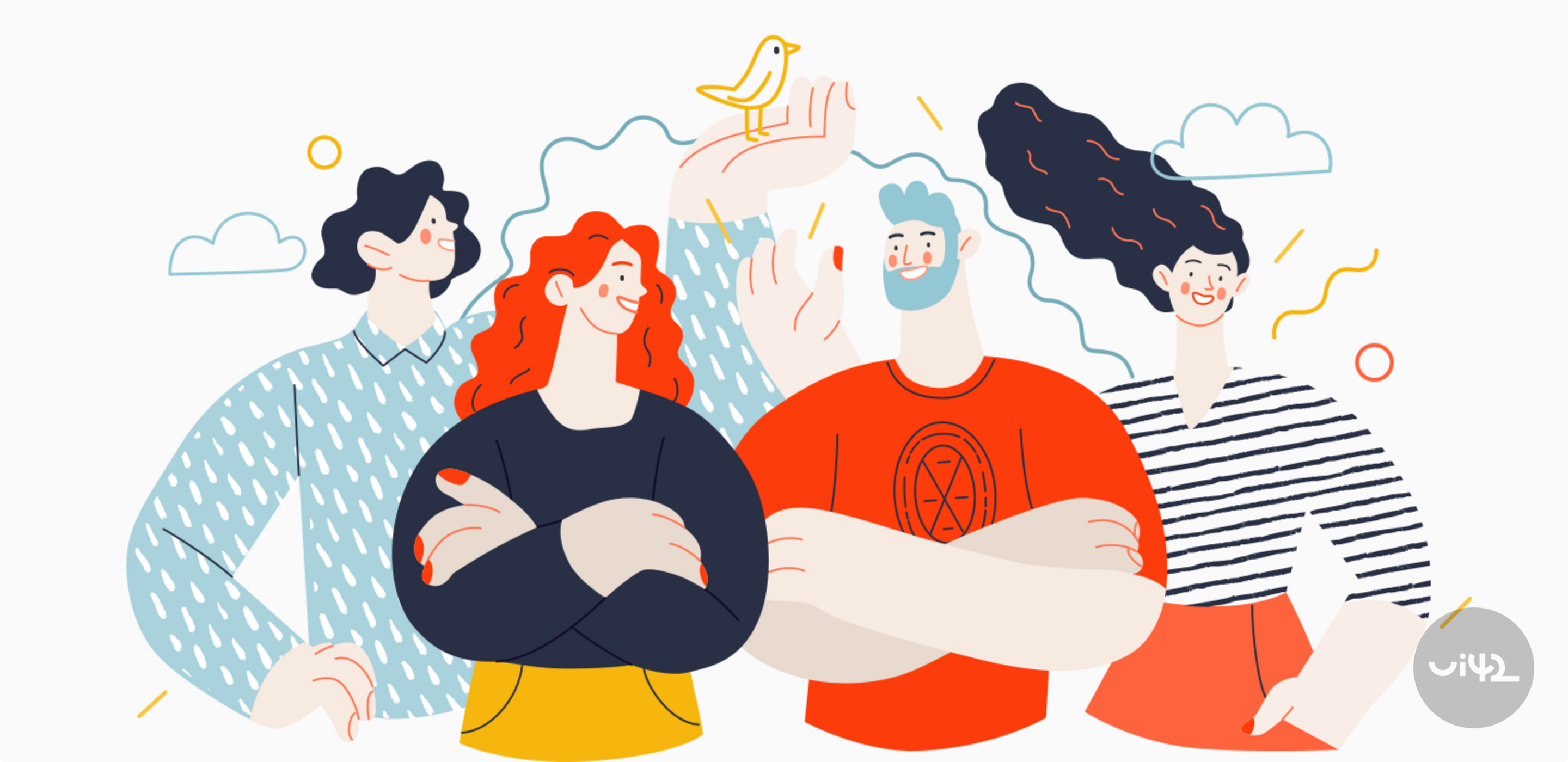 Illustration of four people standing together, one of whom is holding a yellow bird on their hand. They are all smiling and dressed in colorful clothing. The background is white with blue clouds and orange elements.