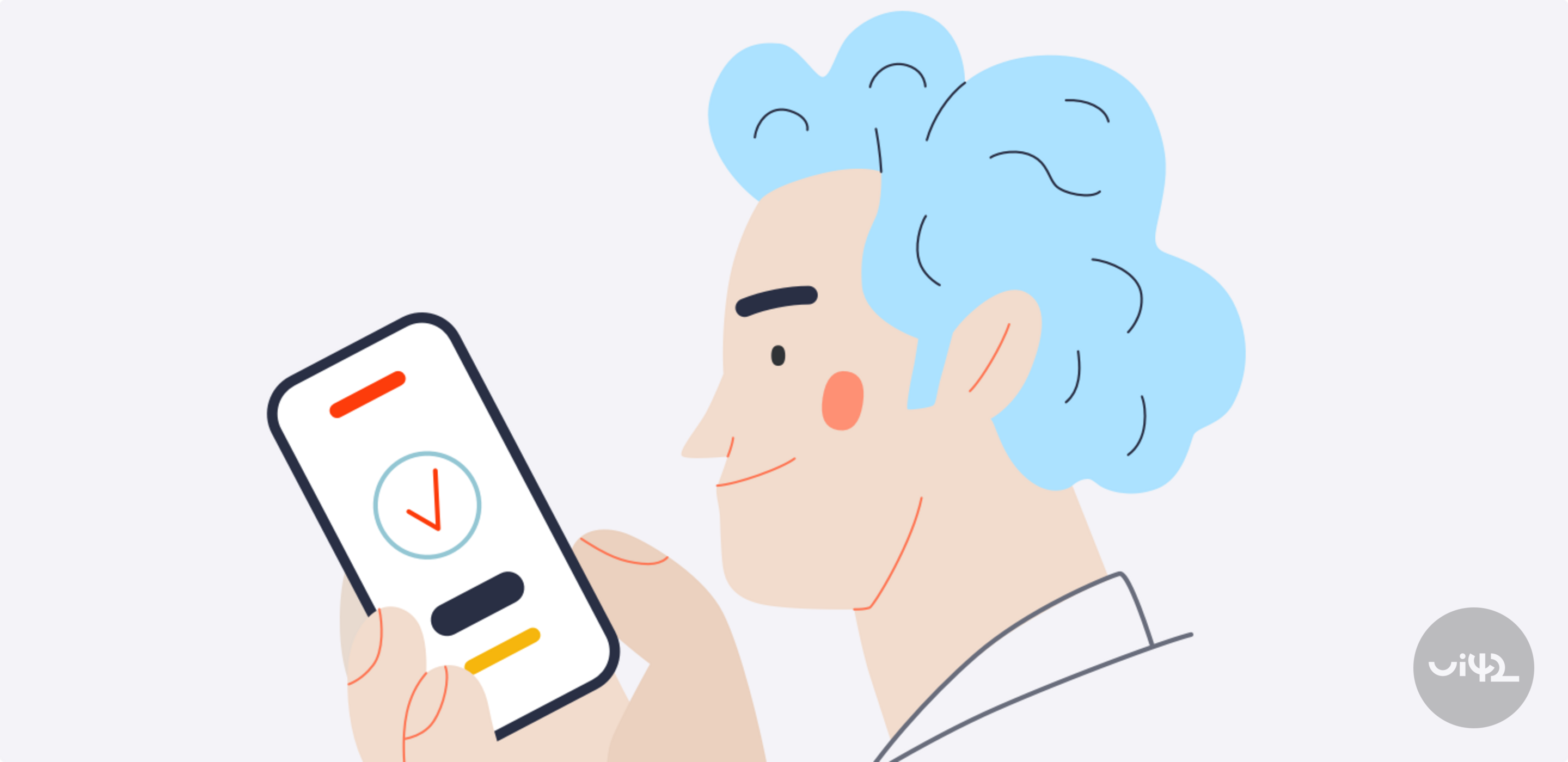 Illustration of a person holding a smartphone with a clock icon on the screen, symbolizing the accessibility of technology for the elderly or physically handicapped individuals.