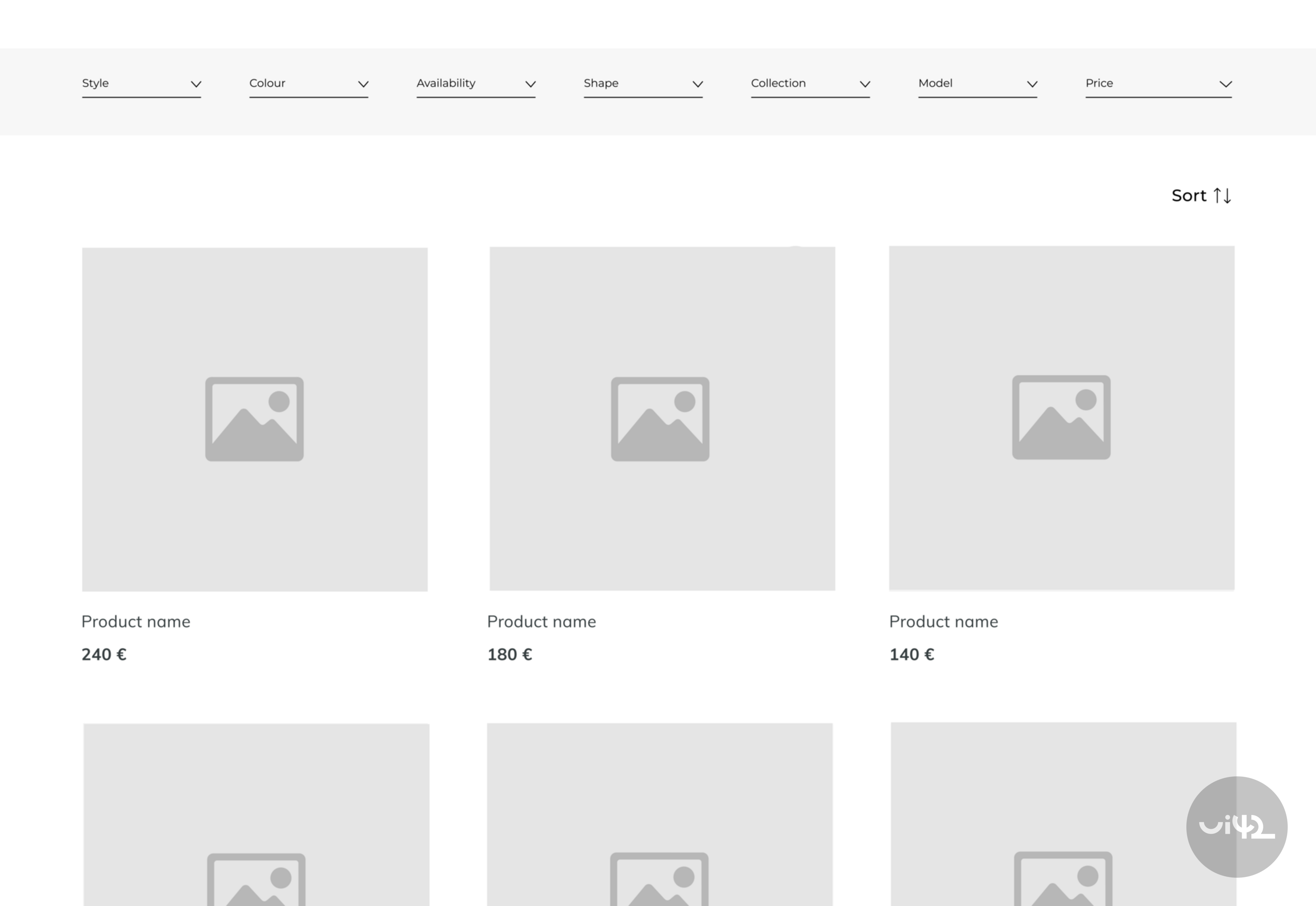 Sample interface of faceted search with filters and products