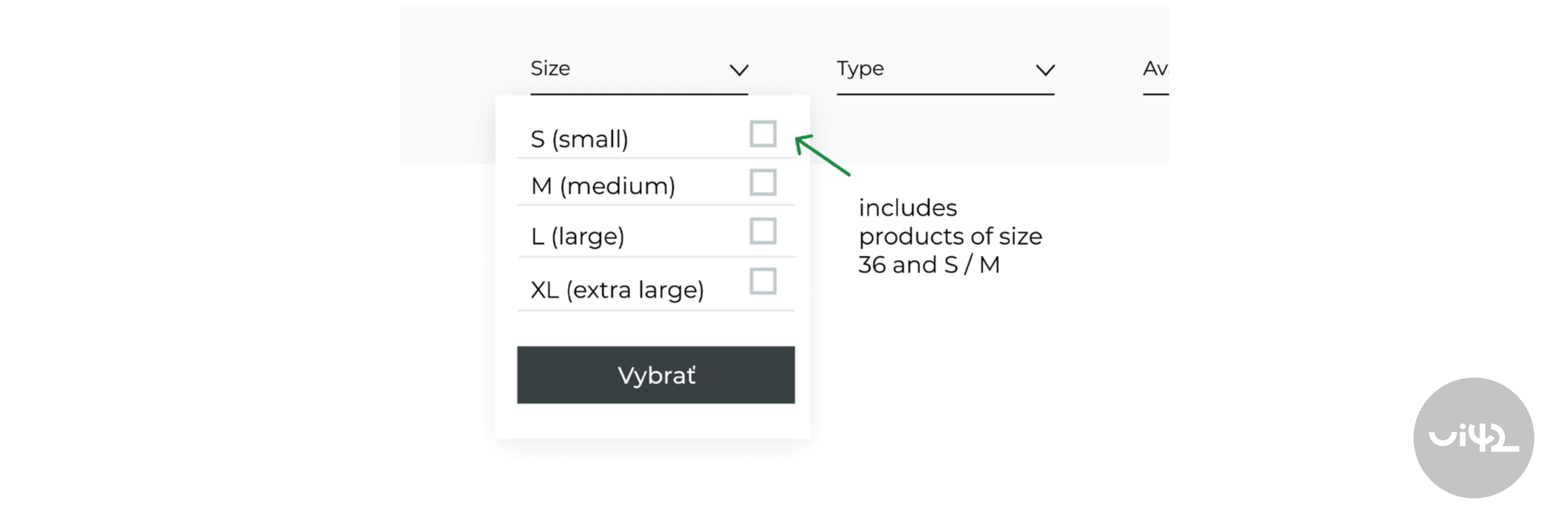 Faceted search with the option to select clothing size