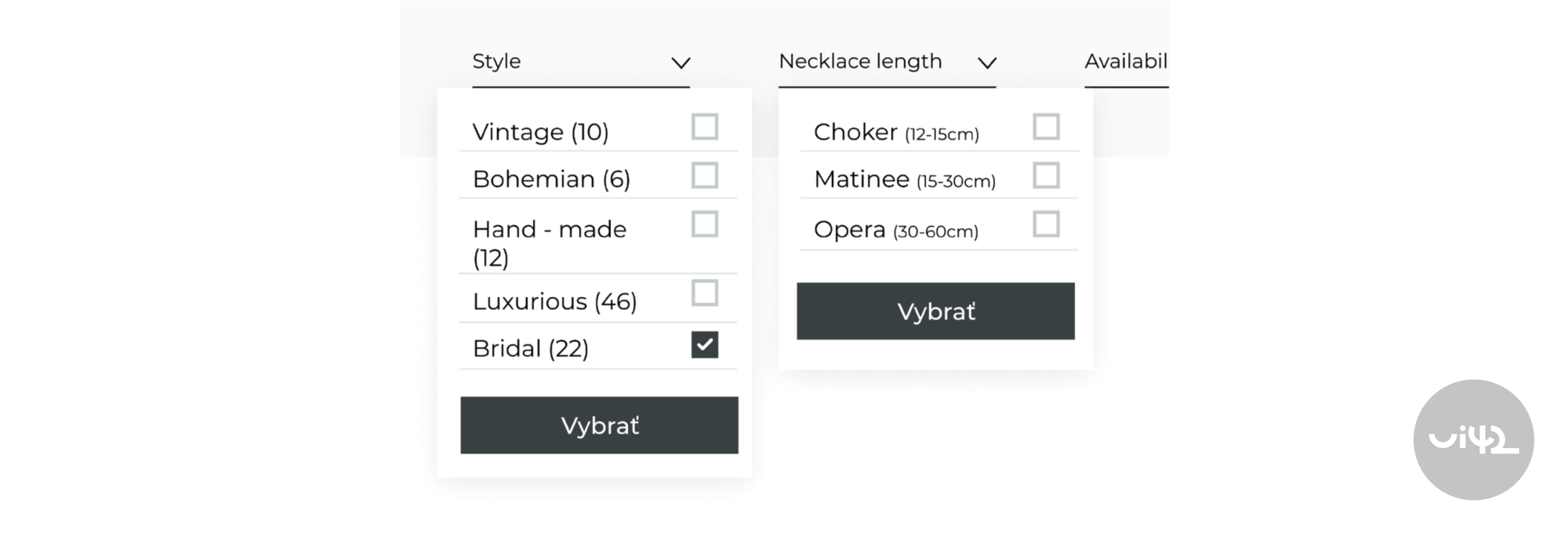 Faceted search with options for selecting necklace style and length