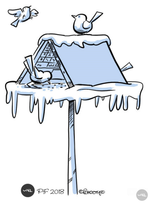 A snow-covered bird feeder with three birds