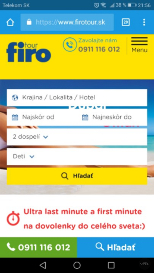 Mobile version of the FIRO-tour website with a search form for holidays.