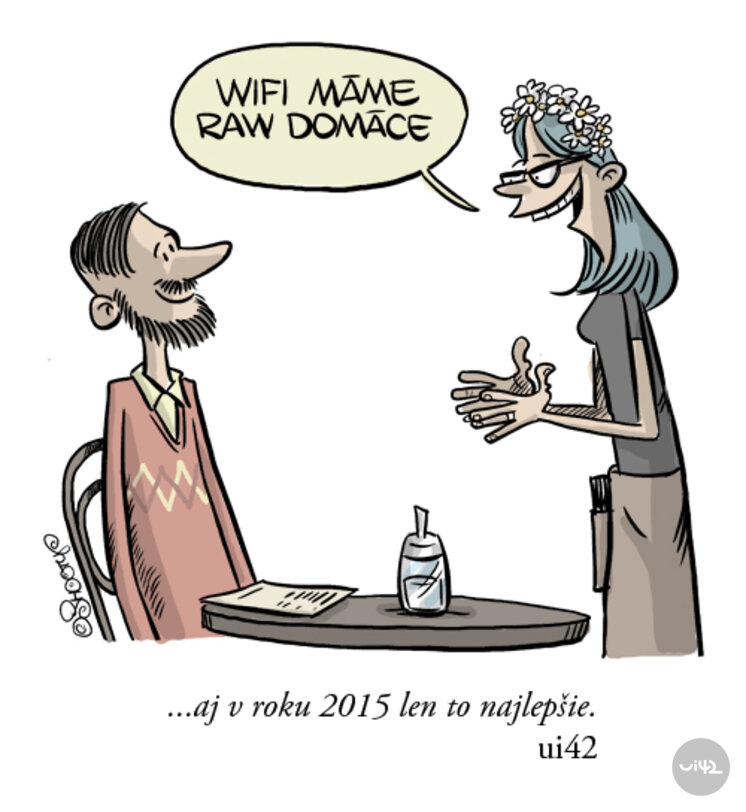 A cartoon of two people in a café, where the waitress tells the customer that they have raw homemade Wi-Fi.