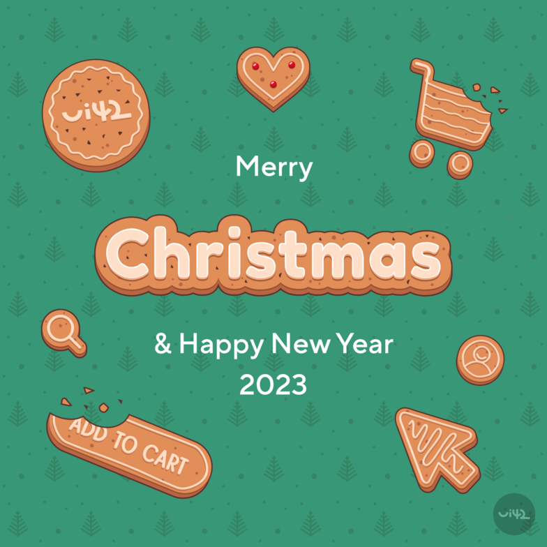 Christmas greeting with gingerbread decorations and the inscription 'Merry Christmas & Happy New Year 2023' on a green background.