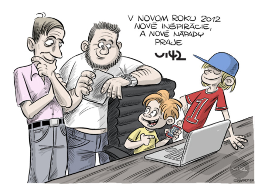 A cartoon character of a group of people at a computer with the text 'In the new year 2012, new inspirations and new ideas from ui42'.