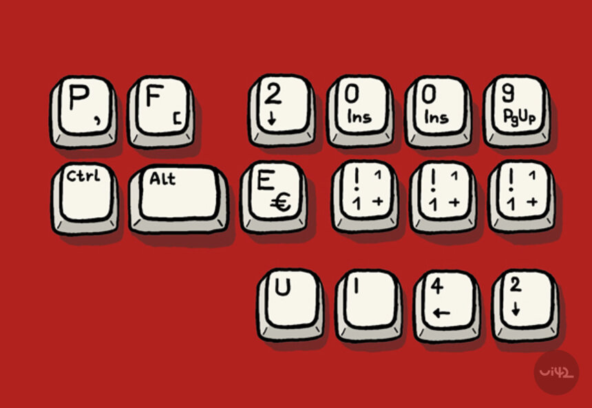 Illustration of keyboard keys with letters and numbers on a red background.
