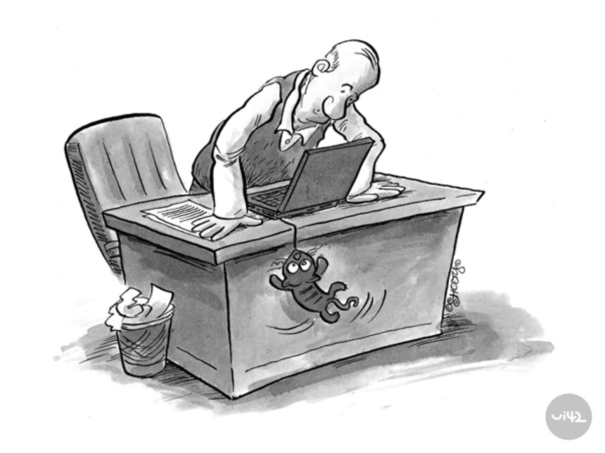 A cartoon image of a man at a table, leaning over a laptop from which a scorpion is hanging.