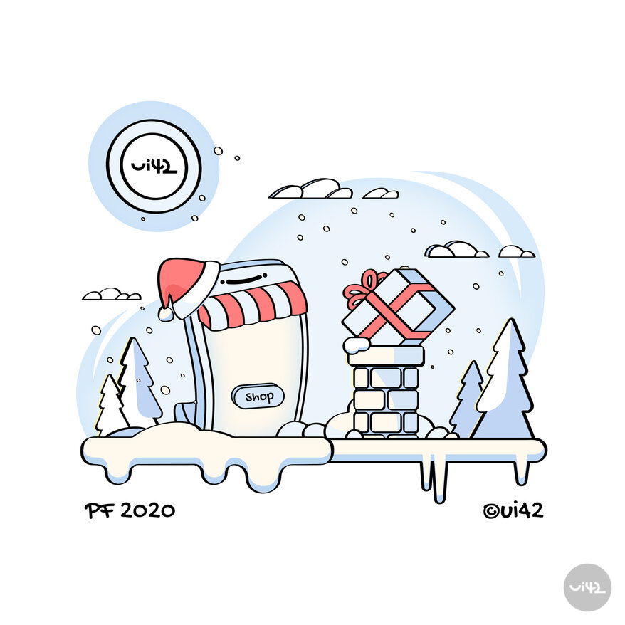 Illustration of a winter landscape with a mobile phone displaying the word 'Shop' and a gift on the chimney. In the background, there are snow-covered trees and clouds, with the ui42 logo at the top. The text 'PF 2020' is at the bottom.