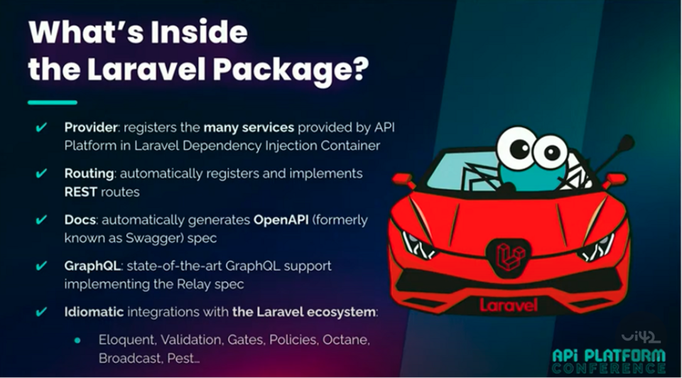 Infographic from the API Platform conference detailing the Laravel package, including service providers, routing, documentation, GraphQL, and integrations with the Laravel ecosystem. It features an image of a car with the Laravel logo and a cartoon character.