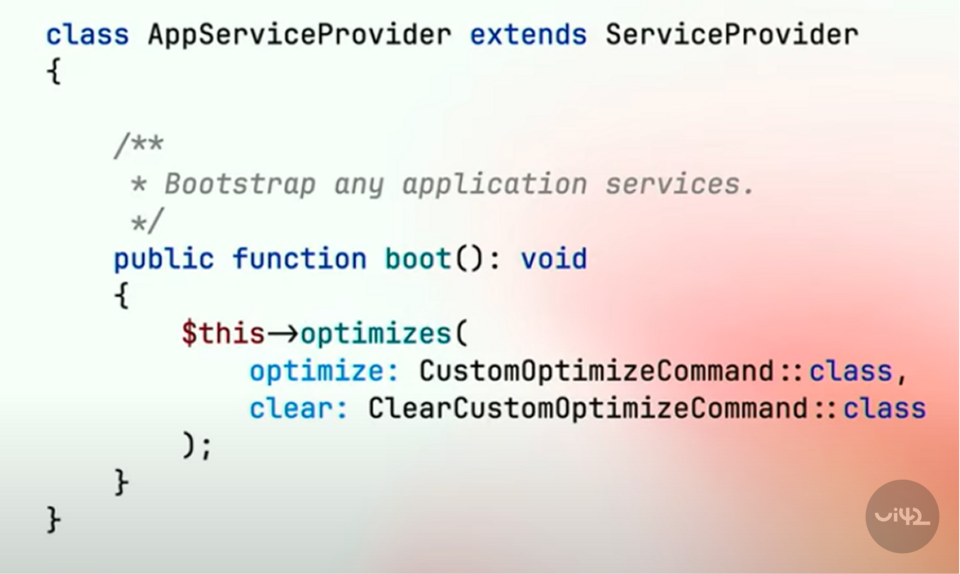 Sample code in PHP for the AppServiceProvider class with the boot method and optimization commands