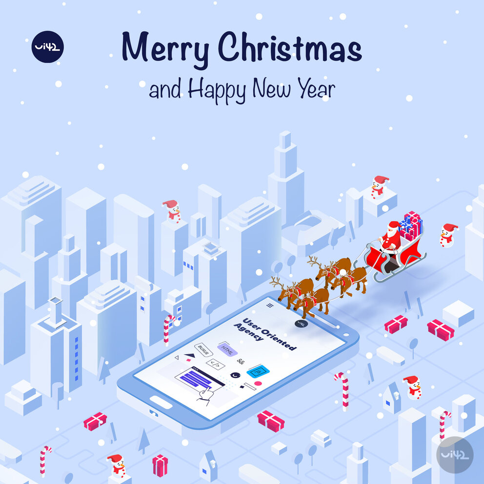 Christmas illustration with a city, smartphone, and Santa on a sleigh with gifts.