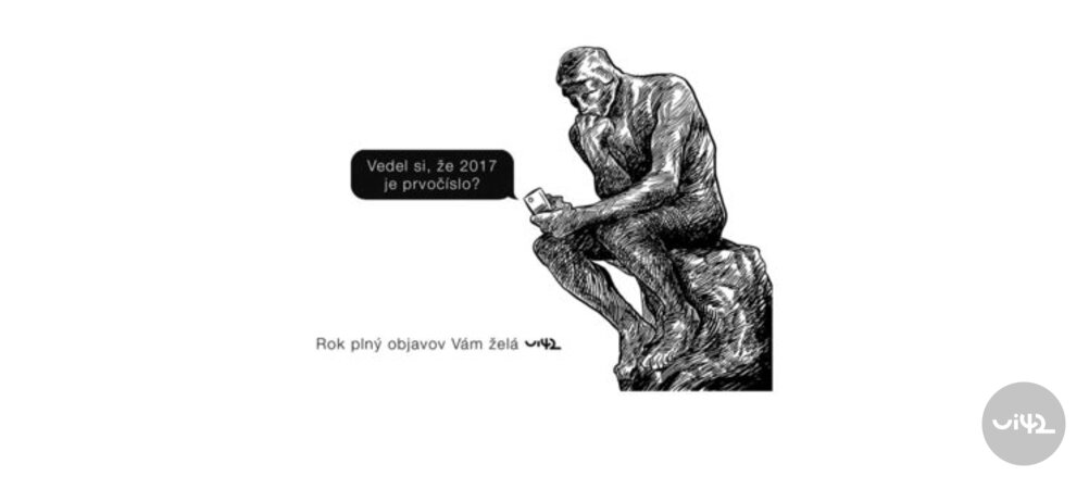 Illustration of a thinking man with a phone, text: Did you know that 2017 is a prime number? A year full of discoveries wishes you ui42.
