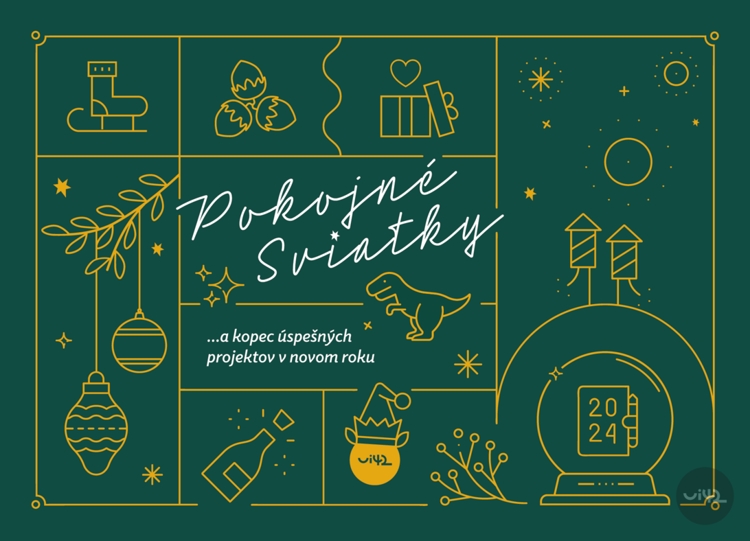 Christmas illustration with the text 'Peaceful holidays ...and a bunch of successful projects in the new year'. It includes symbols like ice skates, nuts, a gift, a dinosaur, Christmas ornaments, a bottle of champagne, and a calendar for the year 2024.