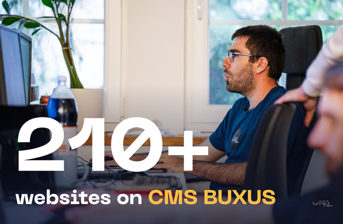 Man working on a computer in an office with the inscription '210+ websites on CMS BUXUS'.