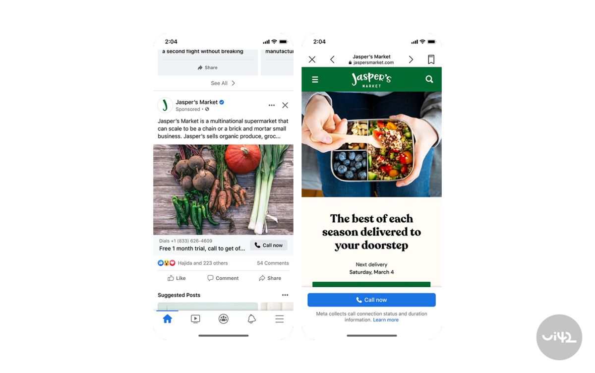 Display of two mobile device screens with an advertisement for Jasper's Market. The left screen shows an ad with vegetables and a 'Call now' button. The right screen displays a webpage with food and a 'Call now' button.