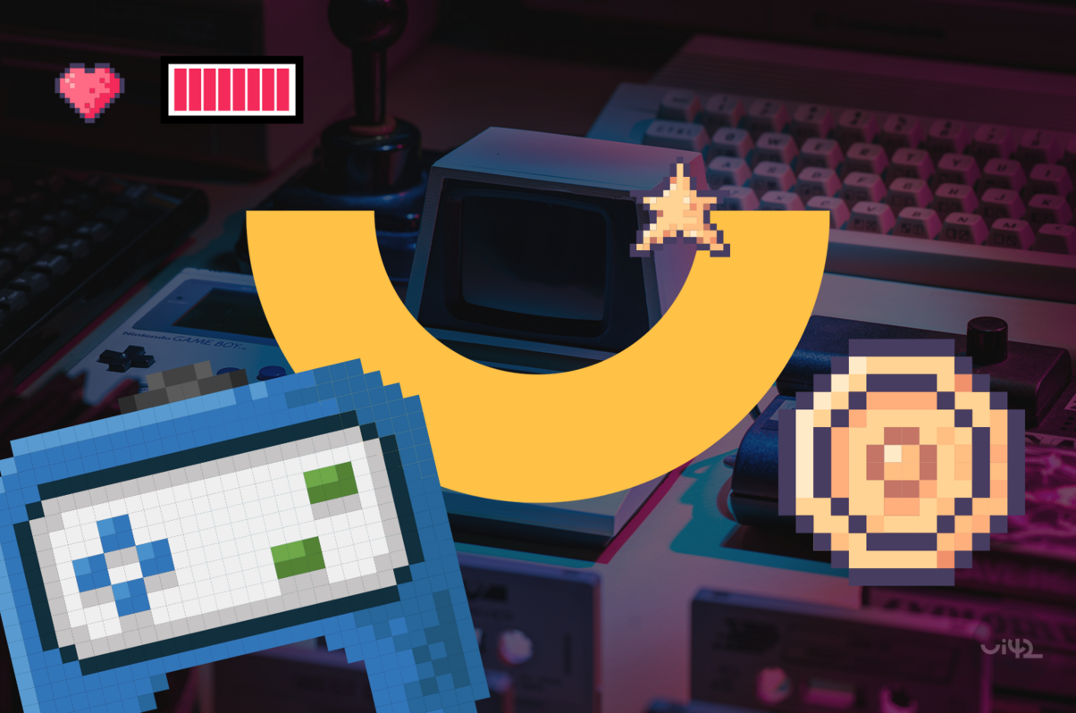 Illustration of gamification with retro gaming elements like a pixelated heart, joystick, and console in the background with modern graphic elements like a yellow arc and a pixelated star.