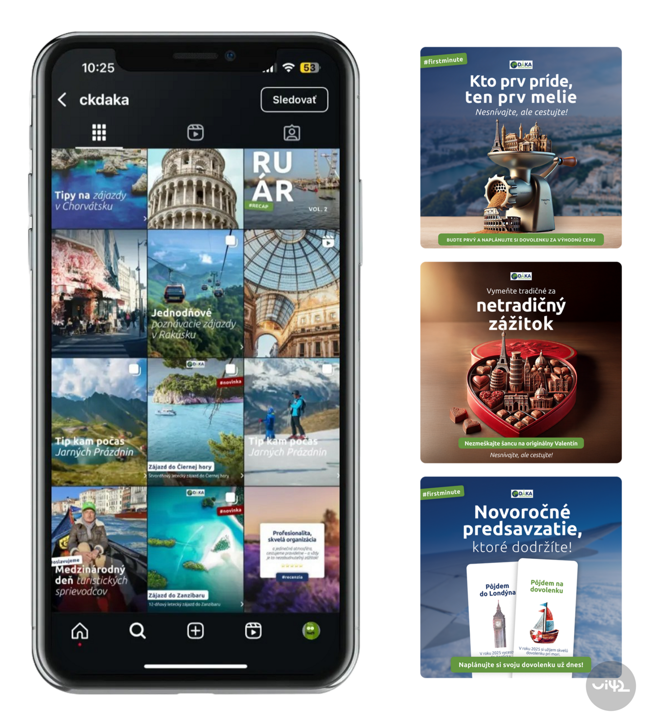Example of a travel agency's social networks with various travel posts, including trip tips and special offers.
