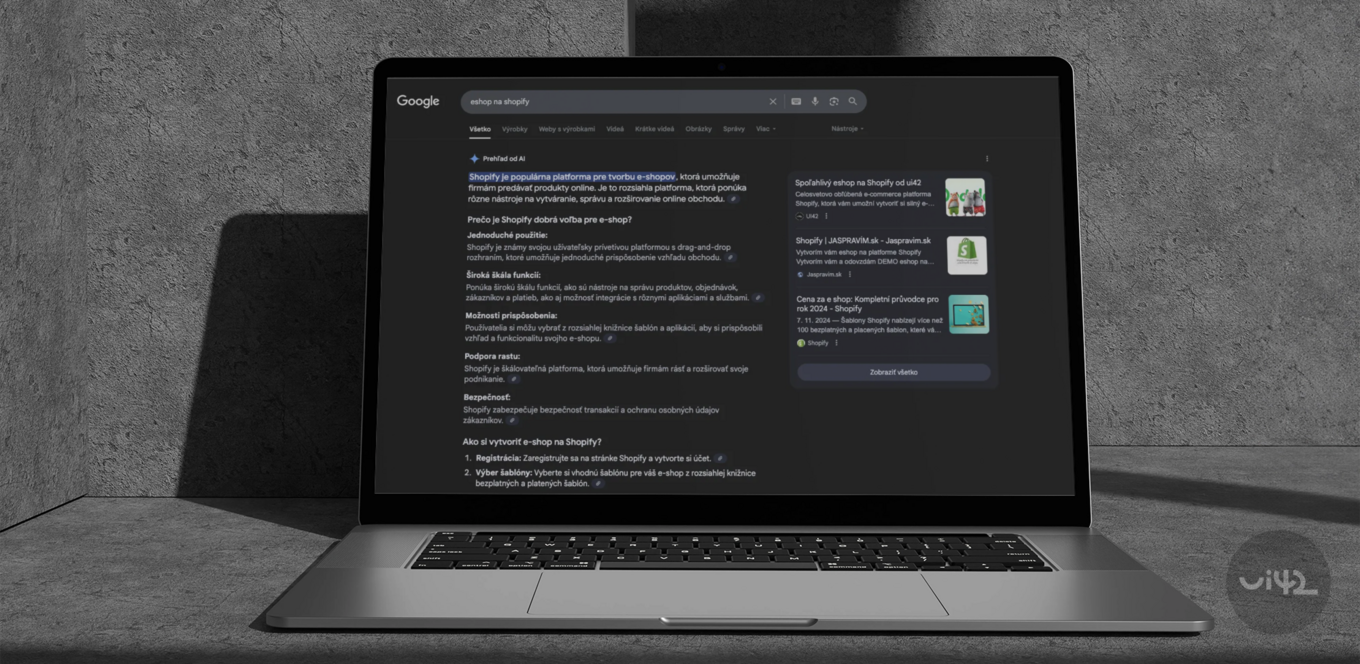 Notebook displaying search results about the Shopify platform in dark mode on Google.
