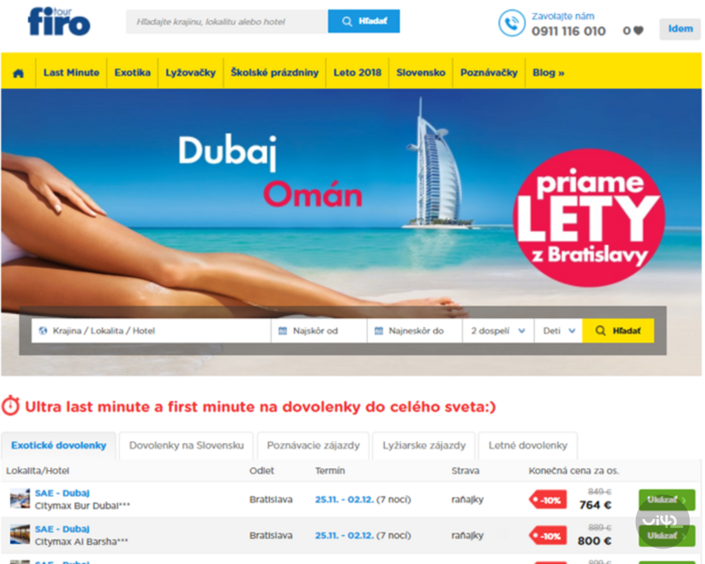 FIRO-tour travel agency website offering last minute holidays to Dubai and Oman with departures from Bratislava.