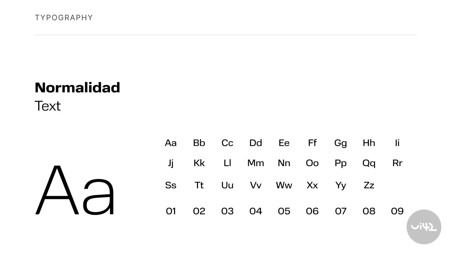 Sample typography with Normalidad font, containing the alphabet and numerals.
