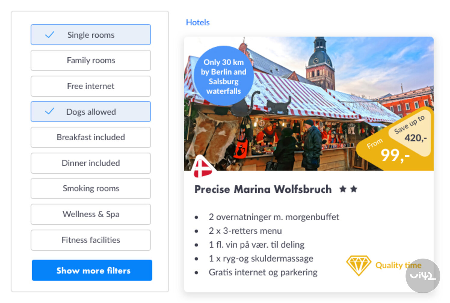 Advertisement for the Precise Marina Wolfsbruch hotel with package offers and filters for room selection.