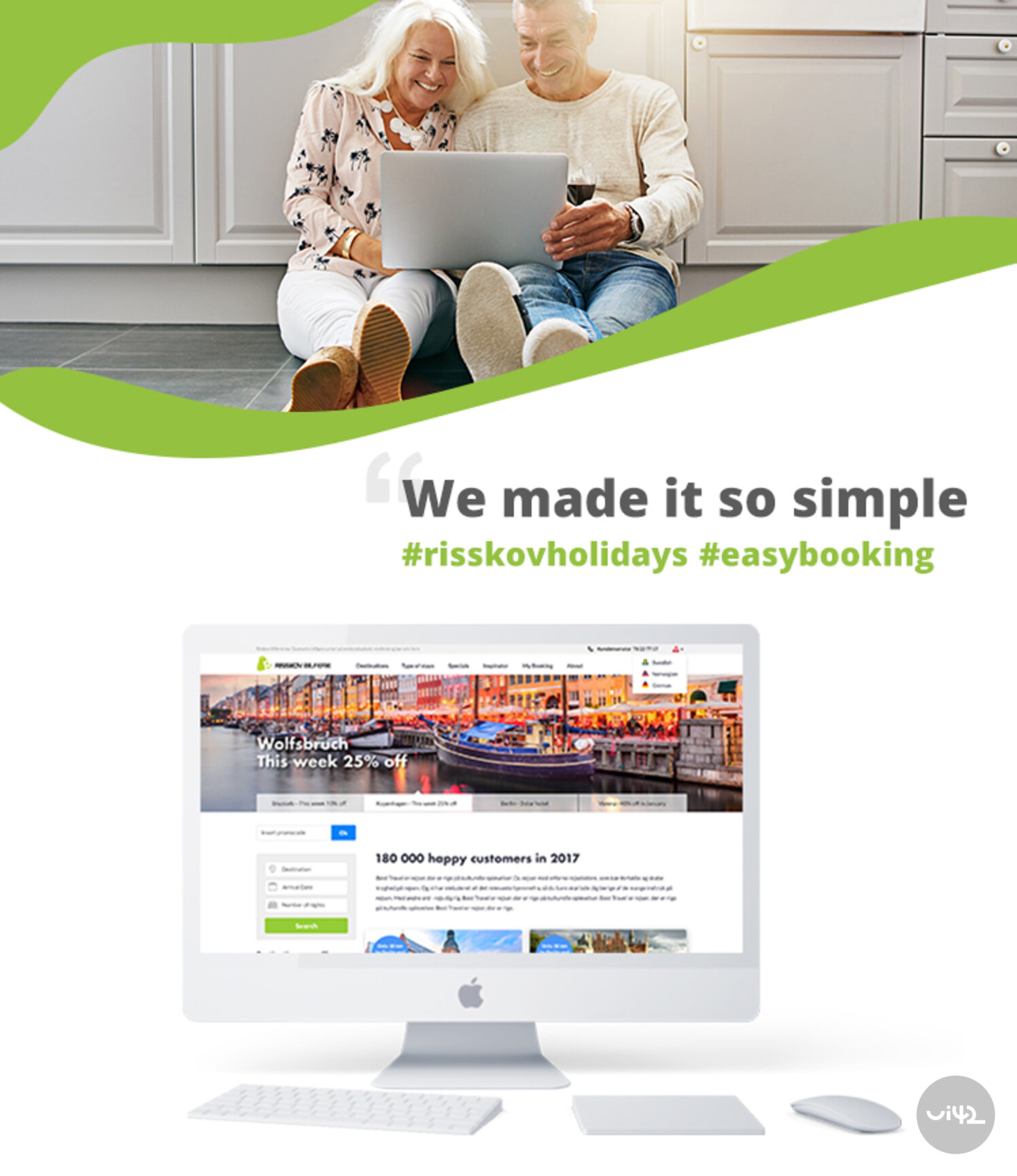 An older couple is sitting on the floor with a laptop, below them is an image of a computer screen with a travel agency's website. Text 'We made it so simple' and hashtags #risskovholidays #easybooking.