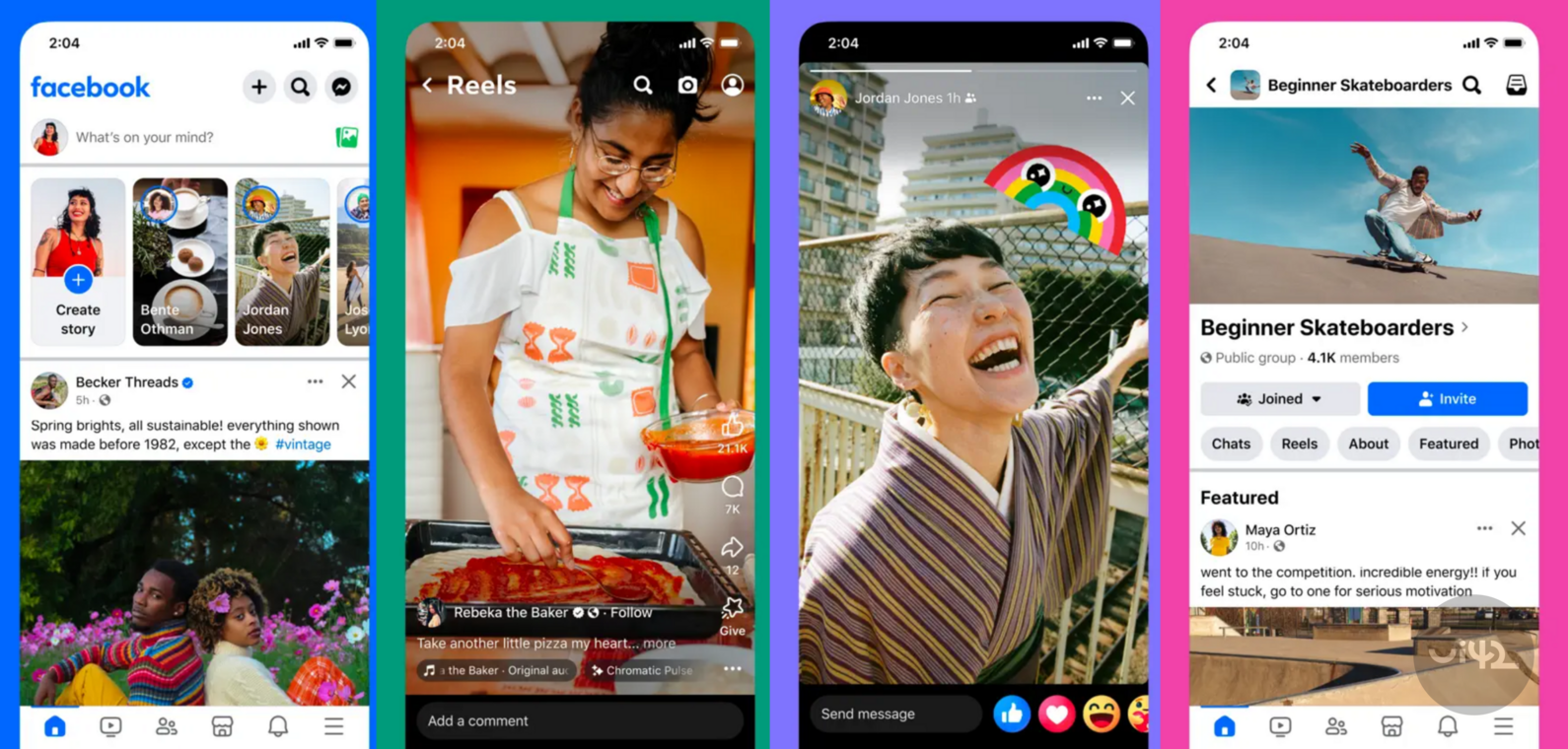 Various features of the Facebook app on a mobile device, including creating stories, watching Reels, and joining a public group for beginners in skateboarding.