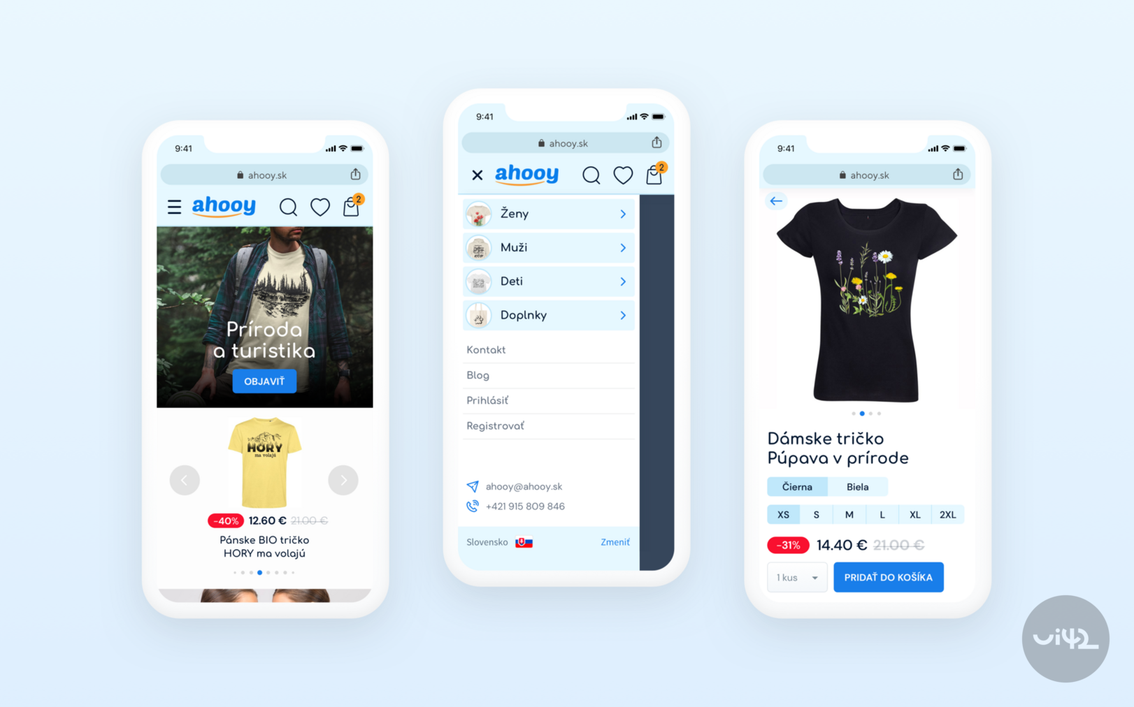 Three mobile screens with an online store, displaying clothing categories and product details with prices and purchase options.