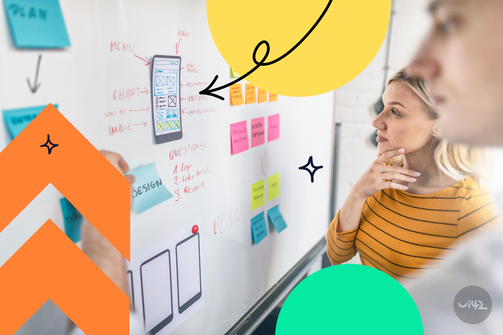 A team of experts is discussing the design of a mobile application on the board.