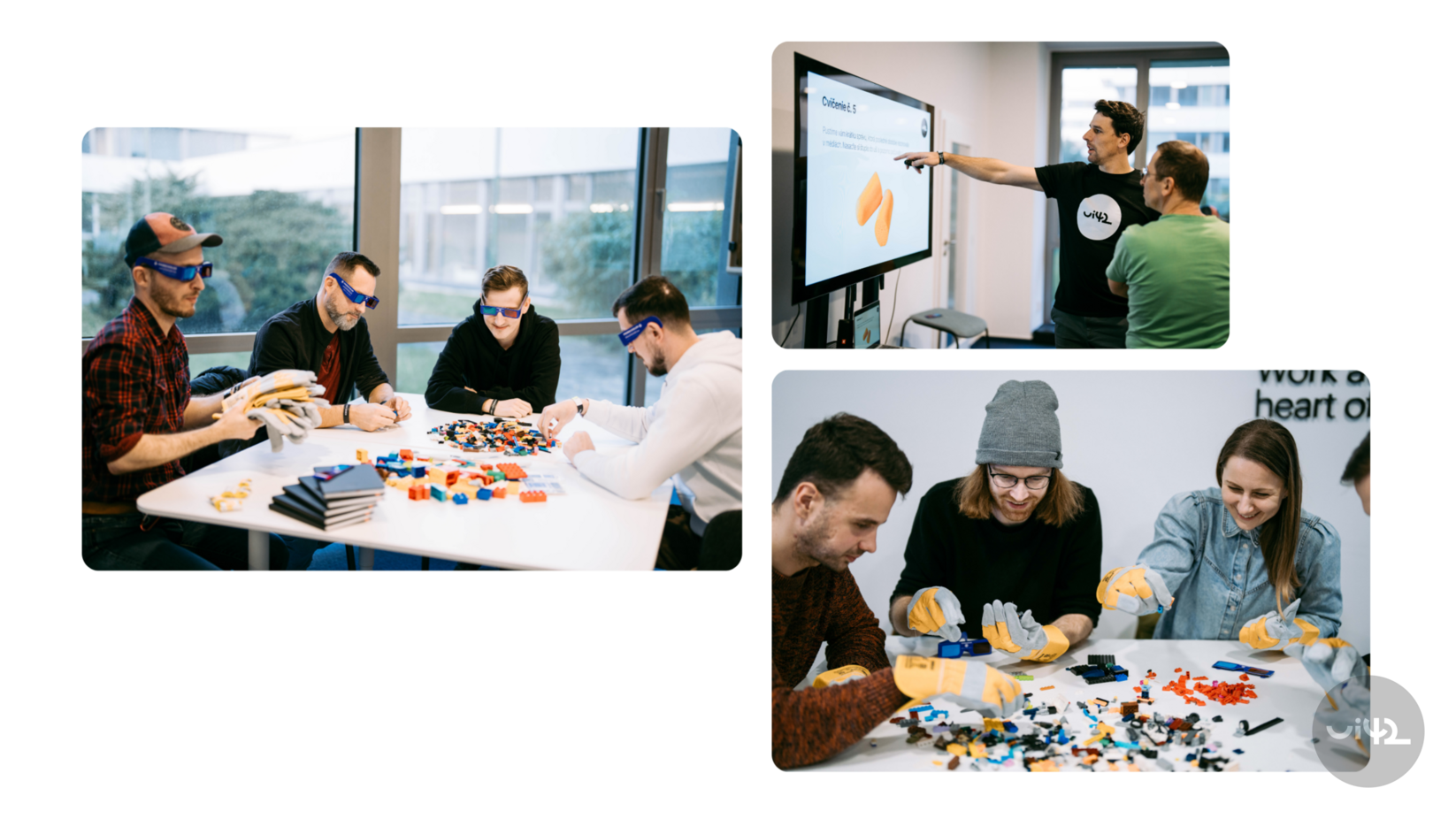 People at the table are using LEGO bricks and wearing safety goggles and gloves, with a presentation on the screen in the background.