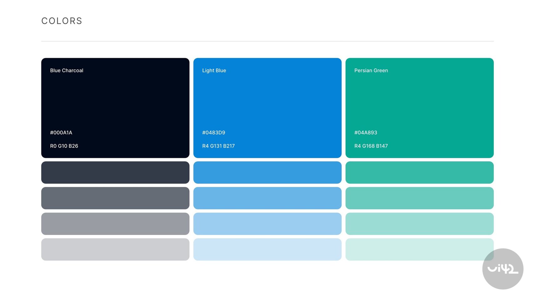 Color palette with shades of Blue Charcoal, Light Blue, and Persian Green with color codes.