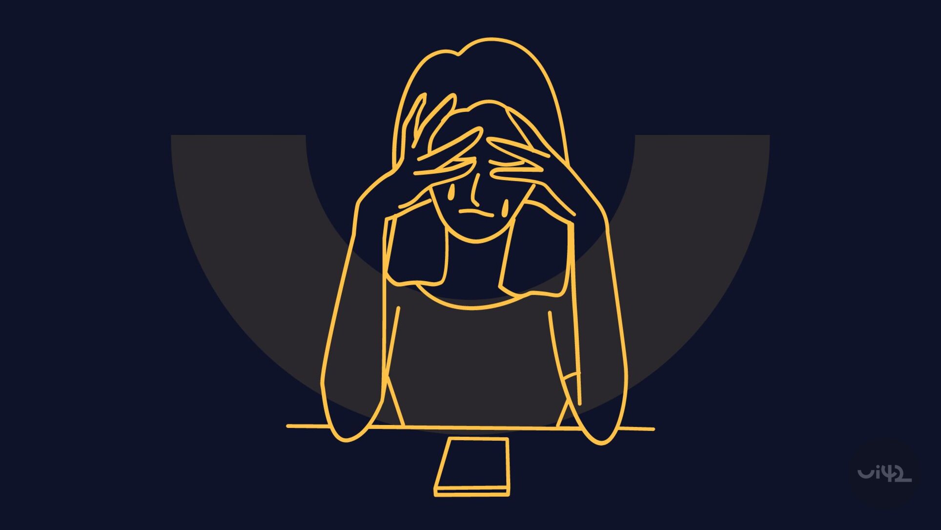 Illustration of a person with hands on their head and a phone in front of them, symbolizing stress or information overload.