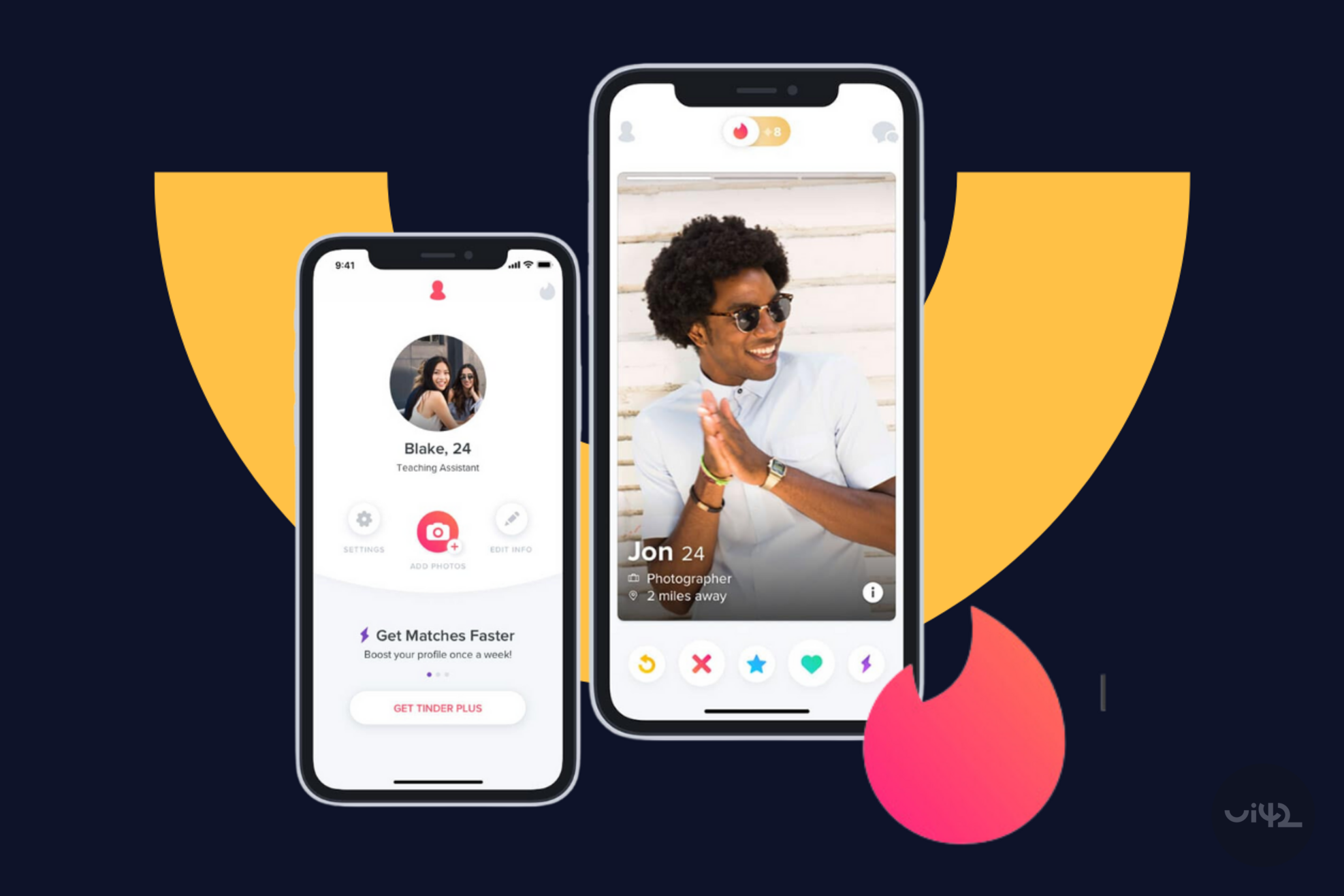 Two screens of the Tinder app displayed on mobile phones. On one screen is a user profile with the name Blake, 24, and on the other screen is a user profile with the name Jon, 24. At the bottom are buttons for actions in the app.