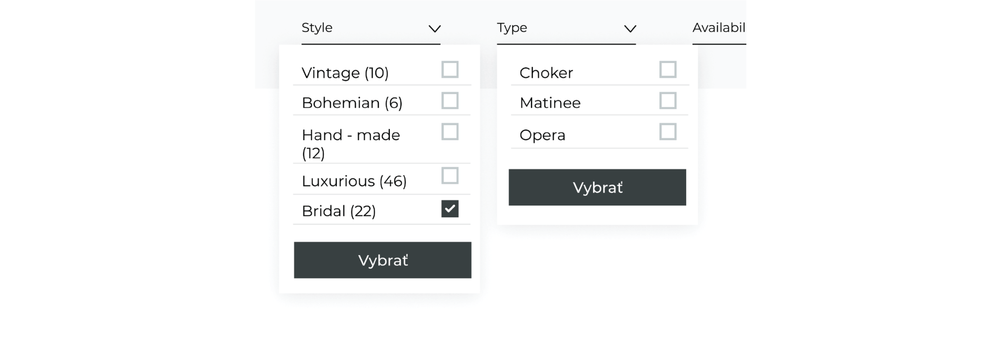Faceted search with options for jewelry style and type