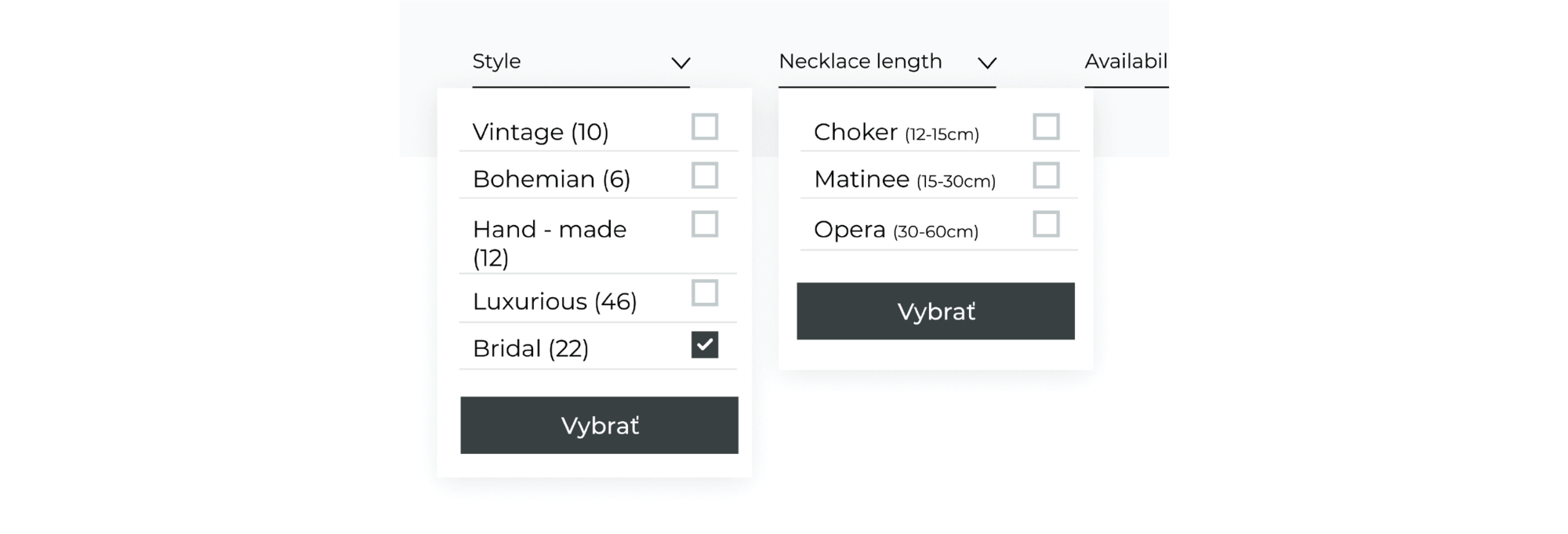 Faceted search with options for selecting necklace style and length