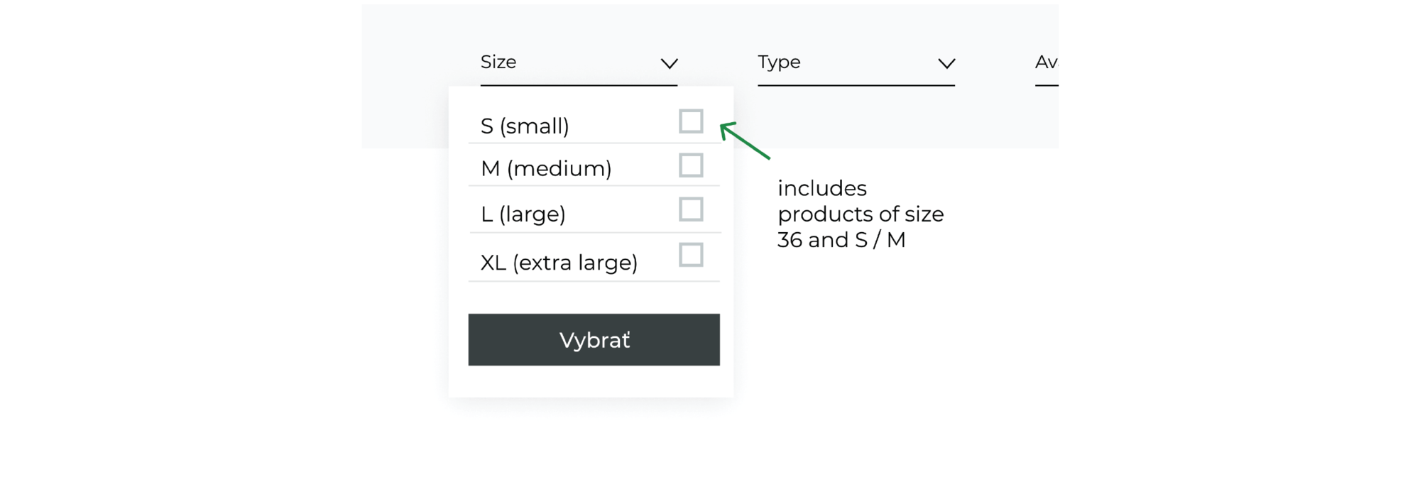 Faceted search with the option to select clothing size