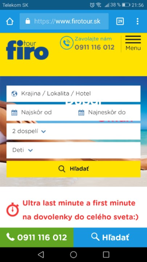 Mobile version of the FIRO-tour website with a search form for holidays.