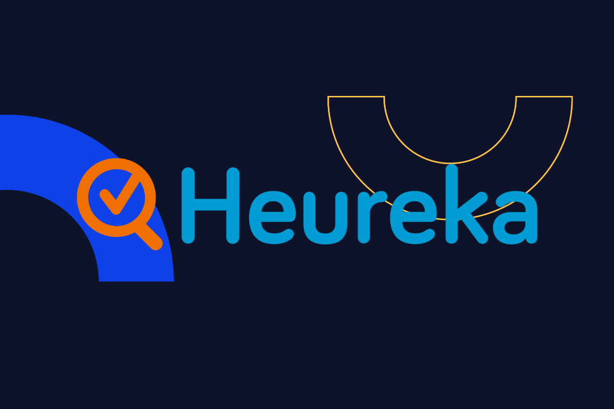 Logo Heureka on a dark background with an orange magnifying glass and blue text.