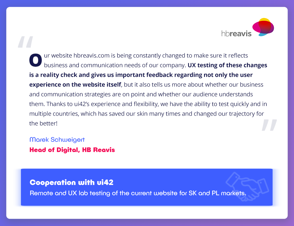 Quote from Marek Schweigert about the importance of UX testing on the hbreavis.com website, collaboration with ui42